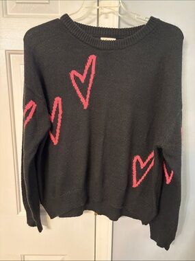 Elan Black Sweater with Bright Pink Heart Accents
